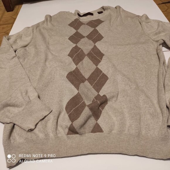 Perry Ellis Mens Argyle Sweater XL Beige & Brown Cotton Blend Crewneck - Picture 1 of 9